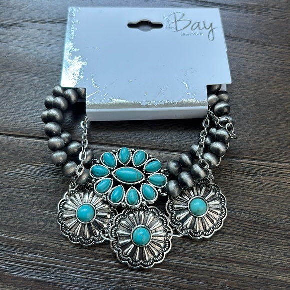By The Bay Stretch 3 row bracelet, silver conchos, faux turquoise stones Western - Picture 2 of 4
